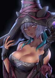 1girl absurdres alternate_costume animal_ears bare_shoulders black_background black_dress black_hat breasts brown_nails cat_ears cleavage collarbone commentary_request cosplay crossover dark-skinned_female dark_skin dress elden_ring elden_ring_nightreign facial_mark final_fantasy final_fantasy_xiv fingernails grey_eyes grey_hair hat highres hjz_(artemi) large_breasts large_hat lips miqo&#039;te neck_tattoo parted_lips pink_lips recluse_(elden_ring) recluse_(elden_ring)_(cosplay) short_hair simple_background solo strapless strapless_dress tattoo whisker_markings witch_hat y&#039;shtola_rhul