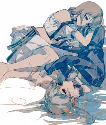 2girls absurdres bang_dream! bang_dream!_it&#039;s_mygo!!!!! barefoot black_choker black_dress blue_eyes brown_hair chinese_commentary choker commentary_request dress e-fa-dorn frilled_choker frills green_hair highres long_hair long_sleeves lying lying_on_person multiple_girls nagasaki_soyo on_side shirt simple_background skirt string string_of_fate wakaba_mutsumi white_background white_shirt white_skirt yellow_eyes yuri
