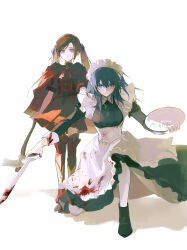 2girls absurdres aged_down apron artist_name artuvia axe black_dress black_shoes blood blood_on_clothes bloody_weapon blue_eyes boots breasts brown_hair cape dress edelgard_von_hresvelg female_byleth_(fire_emblem) fire_emblem fire_emblem:_three_houses frilled_headwear full_body green_hair hand_on_another&#039;s_shoulder hashtag-only_commentary highres holding holding_axe holding_saucer holding_sword holding_weapon knee_boots large_breasts long_hair looking_at_viewer maid maid_headdress medium_breasts multiple_girls nintendo on_one_knee purple_eyes red_boots red_cape red_dress saucer shoes simple_background standing sword thighhighs twintails waist_apron weapon white_apron white_background white_thighhighs