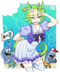 1girl 2boys animal_ears artist_name bow bowtie character_charm charm_(object) coin coin_slot commentary ear_ornament flower green_eyes green_hair hair_flower hair_ornament highres holding holding_coin horse_ears horse_girl incidental_37b incidental_38a looking_at_another looking_at_viewer multicolored_hair multiple_boys mystery_(spongebob) open_mouth parody percodine personification puffy_short_sleeves puffy_sleeves purple_bow purple_sailor_collar purple_serafuku sailor_collar salute sand school_uniform serafuku short_hair short_sleeves skirt smile spoken_object spongebob_squarepants spongebob_squarepants_(series) standing standing_on_one_leg tail thighhighs thumbs_up tracen_school_uniform two-tone_hair umamusume white_skirt white_thighhighs