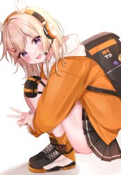 1girl alternate_costume animal_ears backpack bag black_bag black_skirt blonde_hair blush facial_mark fake_animal_ears from_side hair_ornament hairclip headphones highres hood hoodie komori_met long_sleeves looking_at_viewer open_mouth orange_hoodie orange_socks purple_eyes shain shoes skirt socks solo squatting v virtual_youtuber vspo! white_background