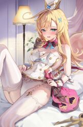 1girl absurdres blonde_hair blue_eyes blush breasts chef_hat commentary_request escoffier_(genshin_impact) fork_hair_ornament garter_belt genshin_impact hair_ornament hat heart heart_in_eye highres indoors knee_up lamp large_breasts lifting_own_clothes long_hair looking_at_viewer on_bed open_mouth panties pi_tayuko solo symbol_in_eye thighhighs underwear white_garter_belt white_hat white_panties white_thighhighs