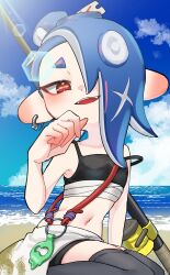 1girl amakusa_setoka beach blue_hair chest_sarashi earrings eyeliner fangs fishing_rod hair_over_one_eye jewelry lens_flare makeup navel nintendo ocean open_mouth outdoors red_eyes sarashi sarong shiver_(splatoon) shiver_(splatoon_raiders) sitting smile solo splatoon_(series) splatoon_raiders tank_top tentacle_hair thighhighs water