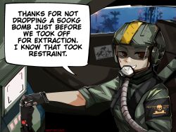 Rule 34 | 1girl, absurdres, armor, brown eyes, cockpit, english text, gas mask, gloves, helldivers (series), helmet, highres, malevelon creek (helldivers), mask, meme, military uniform, neitheyagi, patch, pelican 1 (helldivers), photo (object), screenshot background, seatbelt, sleeves rolled up, smile, solo, thanks for not saying based (meme)