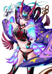 1girl :p absurdres bare_shoulders blue_fire chinese_clothes claw_pose dedeen detached_sleeves dudou earrings eyeshadow fate/grand_order fate_(series) fingernails fire forehead_jewel fox haku_(fate) headpiece heart highres horns jewelry looking_at_viewer makeup nail_polish navel oni pelvic_curtain pointy_ears purple_eyes purple_hair purple_nails sharp_fingernails short_hair shuten_douji_(fate) shuten_douji_(fate/grand_order) shuten_douji_(halloween_caster)_(fate) skin-covered_horns smile solo spirit thighhighs tongue tongue_out wind