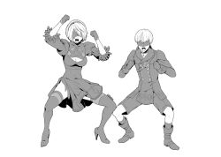 1boy 1girl 2b_(nier:automata) 9s_(nier:automata) black_blindfold black_boots black_dress black_hairband black_jacket black_shorts blindfold bob_cut boots breasts cleavage cleavage_cutout clenched_hands clothing_cutout dress feather_trim full_body greyscale hairband high_heel_boots high_heels highres igusaharu jacket juliet_sleeves long_sleeves medium_breasts monochrome nier:automata nier_(series) open_mouth pendant_choker puffy_sleeves short_hair shorts shouting side_slit squatting thigh_boots thighhighs twitter_username white_hair