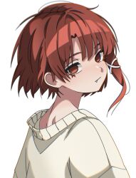 Rule 34 | 1girl, absurdres, brown eyes, brown hair, closed mouth, fang, ghuler, hair ornament, highres, iwakura lain, light smile, looking at viewer, looking back, serial experiments lain, short hair, simple background, single sidelock, solo, sweater, upper body, white background, white sweater, x hair ornament