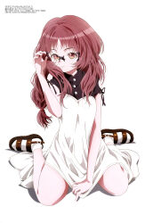 1girl absurdres adjusting_eyewear brown_eyes brown_hair closed_mouth dress dress_tug full_body hand_on_eyewear highres looking_at_viewer magazine_scan megami_magazine mie_ai official_art scan semi-rimless_eyewear short_sleeves sitting socks solo sukinako_ga_megane_wo_wasureta uchida_takayuki wariza white_dress white_socks