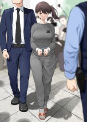 Rule 34 | 1girl, 2boys, absurdres, alternate costume, arrest, belt, black belt, black necktie, black shoes, blue jacket, blue pants, blue shirt, blue suit, blue vest, bound, breasts, brown eyes, brown hair, closed mouth, collared shirt, commentary request, commission, cuffs, expressionless, formal clothes, grey pants, grey shirt, grey socks, handcuffs, head out of frame, highres, jacket, japan national police, kaga (kancolle), kantai collection, kasu (kasunohikari), large breasts, long sleeves, multiple boys, necktie, open clothes, open jacket, orange sandals, pants, police, police uniform, policeman, pouch, sandals, shadow, shirt, shoes, side ponytail, skeb commission, socks, suit, tied up (nonsexual), tile floor, tiles, vest, walking, white shirt