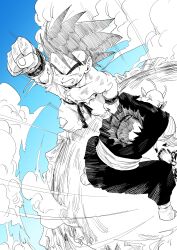 2boys absurdres antennae blue_background clenched_hand clenched_teeth dougi dragon_ball dragon_ball_(classic) greyscale_with_colored_background highres hole_in_stomach male_focus medium_hair midair multiple_boys nishitakuart pants piccolo_daimaou punching sash shirt son_goku spiked_hair teeth torn_clothes torn_shirt