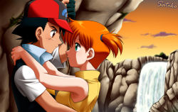 1boy 1girl aqua_eyes ash_ketchum blush child eye_contact fingerless_gloves gloves hat hetero hug laura_jimenez looking_at_another misty_(pokemon) nintendo orange_hair pokemon pokemon_(anime) pokemon_dppt_(anime) pokemon_rse_(anime) rope short_hair side_ponytail water waterfall