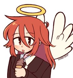 1boy angel_devil_(chainsaw_man) angel_wings black_necktie black_suit blush chainsaw_man closed_mouth formal_clothes hair_between_eyes highres holding holding_ice_cream_cone ice_cream_cone long_hair male_focus necktie red_eyes red_hair simple_background sofo_soup solo suit tongue tongue_out white_background wings