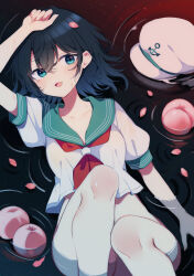 Rule 34 | 1girl, black hair, breasts, collarbone, food, fruit, green eyes, highres, looking at viewer, lying, murasa minamitsu, on water, peach, sailor collar, sailor shirt, shirt, smile, solo, tama (soon32281), touhou, unworn headwear, water, white shirt
