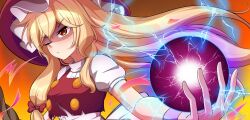 1girl blonde_hair bmkro bow closed_mouth gradient_background hair_bow kirisame_marisa kirisame_marisa_(witch_of_scarlet_dreams) long_hair one_eye_closed orange_background red_bow red_eyes short_sleeves solo torn_clothes touhou touhou_lostword upper_body