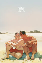 Rule 34 | 2boys, :/, abs, beach, black hair, blush, buzz cut, closed mouth, collarbone, commentary request, crossed arms, eye contact, facial hair, goatee, golden kamuy, highres, incoming kiss, koito otonoshin, looking at another, looking to the side, male focus, male swimwear, multiple boys, muscular, muscular male, ocean, okome03go, parted bangs, pectorals, red male swimwear, red swim trunks, short hair, sideburns, sitting, sky, swim trunks, topless male, tsukishima hajime, very short hair, watermark, yaoi