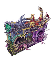 absurdres amplifier bird boombox chaos_(warhammer) commentary demon_horns english_commentary handle heresy highres horns khorne no_humans nurgle open_mouth pirolnogolongo radio skull skull_ornament slaanesh speaker spikes stereo tongue tongue_out tzeentch warhammer_40k white_background