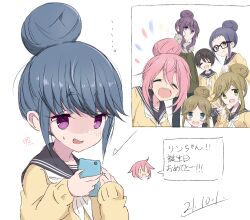 6+girls :d alternate_hairstyle birthday black_hair blonde_hair blue_eyes blue_hair blush_stickers brown_eyes cellphone core_(mayomayo) fang glasses green_eyes grin hair_bun highres inuyama_akari inuyama_aoi kagamihara_nadeshiko kagamihara_sakura matching_hairstyle motosu_school_uniform multiple_girls oogaki_chiaki open_mouth phone pink_hair purple_eyes purple_hair sailor_collar saitou_ena school_uniform shaded_face shima_rin short_hair siblings sisters smartphone smile thick_eyebrows v white_background yurucamp
