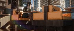 Rule 34 | 1girl, absurdres, bag, black pantyhose, black skirt, blazer, bow, bowtie, brown bag, brown hair, brown jacket, building, cafe, cake, cake slice, chair, character request, coffee maker, copyright request, crossed legs, cup, day, disposable coffee cup, disposable cup, dress shirt, easy chair, electric guitar, floor, food, from below, gibson les paul, gu xiao mo, guitar, hand on own cheek, hand on own face, handbag, head rest, highres, indoors, instrument, jacket, lens flare, light frown, long hair, mary janes, neck ribbon, on chair, pantyhose, picture frame, plaid clothes, plaid skirt, plant, potted plant, ribbon, scenery, school emblem, school uniform, shadow, shelf, shirt, shoes, sitting, skirt, solo, sunlight, table, teapot, white shirt, window blinds, window shadow, yellow eyes