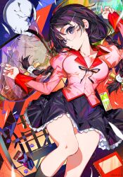 bakemonogatari bakeneko black_eyes black_hair black_socks book braid breasts broken_glass broken_mirror candy cat cat_hair_ornament cellphone chocolate chocolate_bar collarbone commentary_request curvy food glass glasses hair_between_eyes hair_ornament hair_ribbon hanekawa_tsubasa highres large_breasts long_hair long_sleeves lying mika_pikazo mirror monogatari_(series) naoetsu_high_school_uniform official_art on_back open_mouth phone ribbon school_uniform socks teeth thighs twin_braids