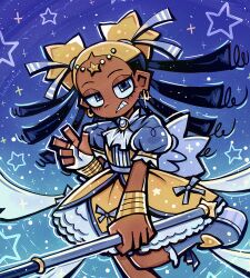 1girl aika_(kiana_mai) ascot back_bow black_hair blue_background blue_boots blue_bow blue_brooch boots bow bracelet bridal_gauntlets clenched_teeth cowboy_shot dark-skinned_female dark_skin dress dress_bow earrings film_grain frilled_boots frilled_sleeves frills gold_bracelet gold_earrings gold_ring hair_behind_ear hair_bow heart holding holding_staff hoop_earrings i_don&#039;t_want_to_be_a_magical_girl jewelry jitome knee_boots linterteatime long_hair looking_at_viewer official_art petticoat platform_boots puffy_short_sleeves puffy_sleeves short_dress short_sleeves simple_background solo staff standing standing_on_one_leg star_(symbol) teeth w white_ascot yellow_dress