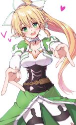1girl blonde_hair braid breasts cleavage elf green_eyes gyaru_v highres juliet_sleeves large_breasts leafa_(sao) long_hair long_sleeves looking_at_viewer nean open_mouth pointy_ears ponytail puffy_sleeves solo sword_art_online thigh_strap v