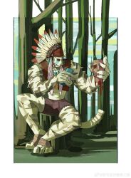 1boy ^_^ absurdres alternate_costume animal_ears arknights bara cactus closed_eyes facepaint facial_hair feathers furry furry_male goatee headdress highres holding large_hands laughing male_focus mountain_(arknights) muscular muscular_male native_american_headdress scar scar_across_eye scar_on_arm scar_on_face short_hair sitting solo thick_eyebrows tiger_boy tiger_ears tribal v-taper white_hair yingou_li_de_wenyi_zhi_yuan
