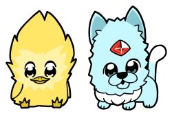beak bird bkub blue_eyes blue_fur carbuncle_(final_fantasy) chibi chibi_only chocobo closed_mouth final_fantasy final_fantasy_vii final_fantasy_vii_remake forehead_jewel gem no_humans open_mouth red_gemstone two-tone_fur white_fur yellow_bird yellow_eyes