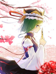 1girl absurdres black_hat black_skirt blue_eyes blush bow breasts buttons cherry_blossoms closed_mouth commentary_request cowboy_shot epaulettes expressionless flower frilled_hat frills green_hair hat highres holding long_sleeves profile purple_vest red_bow red_flower ribbon-trimmed_skirt ribbon_trim ritu_(ri_tu49) rod_of_remorse shiki_eiki shirt short_hair skirt sleeve_bow small_breasts solo spider_lily touhou vest white_background white_shirt wide_sleeves