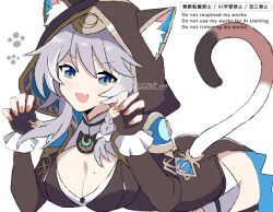 1girl animal_ears animal_hood bent_over black_gloves blue_eyes breasts cat_ears cat_girl cat_hood cat_tail cipher_(honkai:_star_rail) cleavage commentary_request fang fingerless_gloves gloves grey_hair haji_6635_ttt hanging_breasts honkai:_star_rail honkai_(series) hood large_breasts mole mole_on_breast paw_pose short_hair skin_fang solo tail white_background