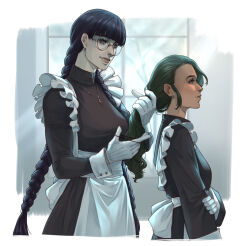 2girls apron benjirivera1991 black_dress black_hair black_lagoon braid dark-skinned_female dark_skin dress fabiola_iglesias glasses highres holding_another&#039;s_hair long_hair long_sleeves looking_at_another maid_apron multiple_girls roberta_(black_lagoon) smile twin_braids