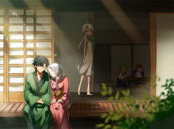 2boys 3girls artoria_pendragon_(fate) bad_id bad_pixiv_id black_hair dress emiya_kiritsugu emiya_shirou family fate/stay_night fate/zero fate_(series) illyasviel_von_einzbern irisviel_von_einzbern japanese_clothes japanese_house kimono kuro_no_haijin long_hair multiple_boys multiple_girls porch saber_(fate) sundress time_paradox veranda white_hair