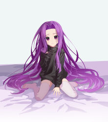 1girl absurdres akaneko016 black_sweater blush breasts fate/grand_order fate_(series) forehead highres long_hair long_sleeves looking_at_viewer medusa_(fate) medusa_(lancer)_(fate) parted_bangs purple_eyes purple_hair rider sidelocks small_breasts solo sweater thighhighs very_long_hair white_thighhighs