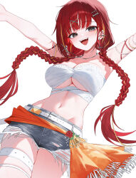 1girl akane_lize armpits arms_up bandeau bare_shoulders belt black_eyes blunt_bangs braid breasts cleavage commentary cowboy_shot cutoffs denim denim_shorts ear_piercing fangs grey_shorts hair_ornament hair_over_shoulder hairclip highres huhi_(huhi_1211) large_breasts long_hair looking_at_viewer midriff mole mole_on_cheek multicolored_hair navel open_mouth outstretched_arms piercing red_hair short_shorts shorts simple_background skindentation smile solo standing stellive stomach strapless streaked_hair thigh_strap torn_clothes torn_shorts tube_top twin_braids twintails underboob very_long_hair virtual_youtuber white_background white_bandeau x_hair_ornament