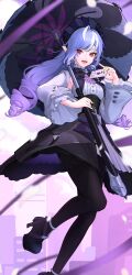 1girl :d absurdres black_bow black_nails black_pantyhose black_shoes bow center_frills commentary dress drill_hair fang foot_out_of_frame frilled_hairband frills gem hairband high_heels highres holding holding_letter holding_umbrella jiuchong_ying_fengxue letter long_hair long_sleeves looking_at_viewer love_letter open_mouth pantyhose pointy_ears purple_gemstone purple_hair red_eyes shoes sideboob_cutout sidelocks smile solo umbrella vivian_banshee zenless_zone_zero