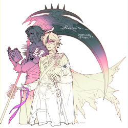2boys acomem07 ahoge aotsuki_eito armband belt blue_eyes book cape chinese_commentary chinese_text cropped_legs crying crying_with_eyes_open eyeliner glasses gloves hand_on_weapon highres holding holding_book holding_ribbon holding_scythe last_defense_academy_school_uniform lofter_username looking_at_viewer makeup male_focus mixed-language_text monochrome multicolored_hair multiple_boys pants pink_eyes pink_ribbon red_eyeliner ribbon sash school_uniform scythe sheath sheathed short_hair simple_background spot_color streaked_hair sumino_takumi sword tears the_hundred_line_-last_defense_academy- thigh_strap torn_cape torn_clothes weapon white_armband