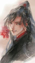 1boy absurdres black_hair black_hanfu brown_eyes chinese_clothes faux_traditional_media flower flower_in_mouth grin hanfu high_ponytail highres ink_wash_painting kcllzas163 light_particles long_hair looking_at_viewer male_focus modao_zushi mouth_hold ponytail portrait red_flower smile solo teeth teeth_hold third-party_source upper_body wei_wuxian