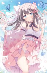 1girl bare_shoulders black_ribbon blue_eyes blunt_bangs blush breasts brown_hair bug butterfly cherry_blossoms cleavage closed_mouth cowboy_shot day detached_sleeves flower hair_flower hair_ornament hair_ribbon hoshino_koucha insect japanese_clothes kimono long_hair looking_at_viewer medium_breasts missing_commentary neck_ribbon original outdoors panties pink_kimono pink_sleeves ribbon sleeveless sleeveless_kimono smile solo standing underwear white_panties white_ribbon wide_sleeves