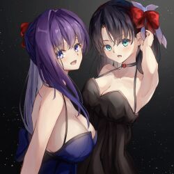 2girls :d :o absurdres aqua_eyes arm_up black_background black_choker black_dress black_hair blue_dress bow breasts choker cleavage dress fate/stay_night fate_(series) gradient_background hair_bow hair_intakes highres large_breasts light_particles long_hair looking_at_viewer matou_sakura medium_breasts multiple_girls open_mouth purple_eyes purple_hair red_bow smile tohsaka_rin upper_body very_long_hair wata0933