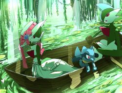 blue_fur boat bob_cut colored_skin dress flower furry gallade gardevoir gen_3_pokemon gen_4_pokemon green_hair green_skin hair_over_one_eye hat hat_flower highres kaguya_hobby multicolored_skin nintendo on_boat pink_eyes pokemon pokemon_(creature) riolu sitting smile two-tone_skin water watercraft white_dress white_skin