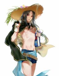 1boy alternate_costume bishounen black_hair blue_male_swimwear book cape facial_mark fire_emblem fire_emblem:_path_of_radiance forehead_mark hat highres holding holding_book jewelry long_hair looking_at_viewer male_focus male_swimwear navel necklace nintendo nipples novice_(o_novice) parted_lips red_eyes shell shell_necklace simple_background skinny solo soren_(fire_emblem) straw_hat sun_hat swim_briefs two-sided_cape two-sided_fabric white_background