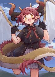 1girl back_bow black_capelet black_gloves black_skirt blue_sky bow capelet claw_pose cloud commentary dragon_girl dragon_horns dragon_tail dragon_wings fang feet_out_of_frame gloves grey_skirt hands_up highres horns komerina layered_skirt leg_up looking_at_viewer mountainous_horizon multiple_horns original outdoors pointy_ears red_bow red_hair short_hair skin_fang skirt sky smile solo tail wings yellow_eyes