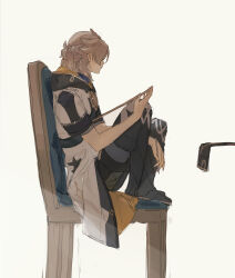 1boy absurdres aji_11300913 albedo_(genshin_impact) black_boots black_pants blonde_hair boots closed_mouth from_side genshin_impact highres holding hood jacket knees_up male_focus medium_hair on_chair pants simple_background sitting sleeves_rolled_up solo white_background white_jacket