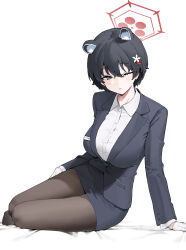 Rule 34 | 1girl, absurdres, animal ear fluff, animal ears, black hair, black jacket, black pantyhose, blue archive, blush, breasts, collared shirt, commentary, flower, formal clothes, gloves, grey eyes, hair between eyes, hair flower, hair ornament, halo, highres, jacket, lapels, large breasts, mark jin, name tag, notched lapels, official alternate costume, on bed, one eye closed, pantyhose, pencil skirt, raccoon ears, red halo, shirt, short hair, sitting, skirt, solo, suit, suit jacket, translated, tsubaki (blue archive), tsubaki (guide) (blue archive), white background, white gloves, white shirt, yokozuwari