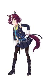 Rule 34 | 1girl, animal ears, asymmetrical gloves, bad link, belt, black boots, black gloves, black jacket, black pantyhose, blue belt, blue necktie, boots, brown hair, chain, closed mouth, collared shirt, detached sleeves, eyepatch, full body, game model, gloves, hair over one eye, hand on own hip, hand on own thigh, high heel boots, high heels, highres, horse ears, horse girl, jacket, knee boots, long sleeves, looking at viewer, mismatched gloves, multicolored hair, necktie, pantyhose, pendant choker, pleated skirt, shirt, short hair, shorts, skirt, smile, solo, streaked hair, tachi-e, tanino gimlet (umamusume), thigh strap, transparent background, umamusume, white gloves, white hair, white shorts, yellow eyes, yellow shirt