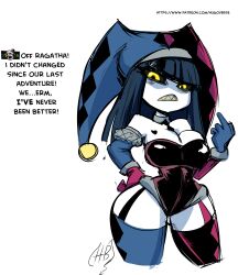 1girl absurdres alternate_costume asymmetrical_gloves black_sclera blue_hair blunt_bangs breasts cleavage colored_sclera corruption dark_persona gloves hat highres hugothetroll jester jester_cap mismatched_gloves multicolored_hat pomni_(the_amazing_digital_circus) sharp_teeth sidelocks simple_background solo speech_bubble striped_clothes striped_headwear teeth the_amazing_digital_circus thick_thighs thighs white_background wide_hips yellow_eyes