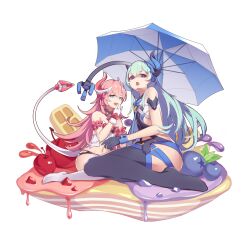 2girls beach_umbrella bikini black_gloves black_thighhighs blue_hair cherry disgust food fruit gloves hand_on_own_face honkai_(series) honkai_impact_3rd horns liliya_olenyeva liu_lan long_hair looking_at_viewer looking_down mesugaki multiple_girls open_mouth partially_shaded_face pink_hair rozaliya_olenyeva shaded_face siblings single_horn smug stomach swimsuit tail thighhighs transparent_background twins umbrella waffle white_gloves white_thighhighs