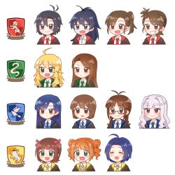 6+girls absurdres ahoge akizuki_ritsuko amami_haruka antenna_hair black_eyes black_hair black_robe blonde_hair blue_eyes blue_hair blue_necktie braid brown_eyes brown_hair chiwawa174 closed_eyes closed_mouth collared_shirt commentary_request diagonal-striped_clothes diagonal-striped_necktie fang futami_ami futami_mami ganaha_hibiki glasses green_eyes green_necktie grey_hair grin gryffindor hagiwara_yukiho hair_ribbon harry_potter_(series) highres hogwarts_school_uniform hoshii_miki hufflepuff idolmaster idolmaster_(classic) kikuchi_makoto kisaragi_chihaya long_hair minase_iori miura_azusa multiple_girls necktie open_mouth orange_hair ponytail purple_eyes ravenclaw red_necktie red_ribbon ribbon robe school_uniform semi-rimless_eyewear shijou_takane shirt short_hair side_ponytail simple_background slytherin smile striped_clothes takatsuki_yayoi twin_braids twintails under-rim_eyewear white_background wizarding_world yellow_necktie