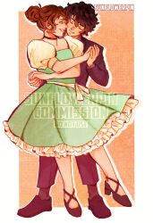 1boy 1girl baxter_ward blue_eyes border brown_hair closed_eyes dancing dress dress_shirt formal_clothes frilled_dress frills full_body green_dress grin hair_between_eyes hair_bun high_heels highres holding_hands looking_at_another main_character_(our_life) orange_background our_life:_beginnings_and_always puffy_sleeves purple_suit shirt short_hair sidelocks smile standing standing_on_one_leg suit sunnyflowerday1 waist_ribbon white_border