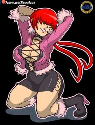 1girl absurdres boots breasts cleavage cleavage_cutout clothing_cutout curvy dress female_focus fishnets fluffy heel_up highres huge_breasts jacket kneeling large_breasts long_hair nipple_slip nipples no_bra ponytail red_hair shermie_(kof) shining-tatsu shiningtatsu64 skirt smile smiley_face the_king_of_fighters thick_thighs thighs twintails wide_hips