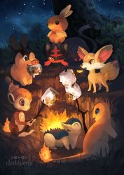 bird charmander chimchar commentary creatures_(company) cyndaquil english_commentary fennekin fiery_tail fire fire flame-tipped_tail food game_freak gen_1_pokemon gen_2_pokemon gen_3_pokemon gen_4_pokemon gen_5_pokemon gen_6_pokemon gen_7_pokemon highres holding holding_stick litten marshmallow monkey mouth_hold night night_sky nintendo on_shoulder outdoors pig pokemon pokemon_(creature) pokemon_on_shoulder sky stick tail tepig torchic